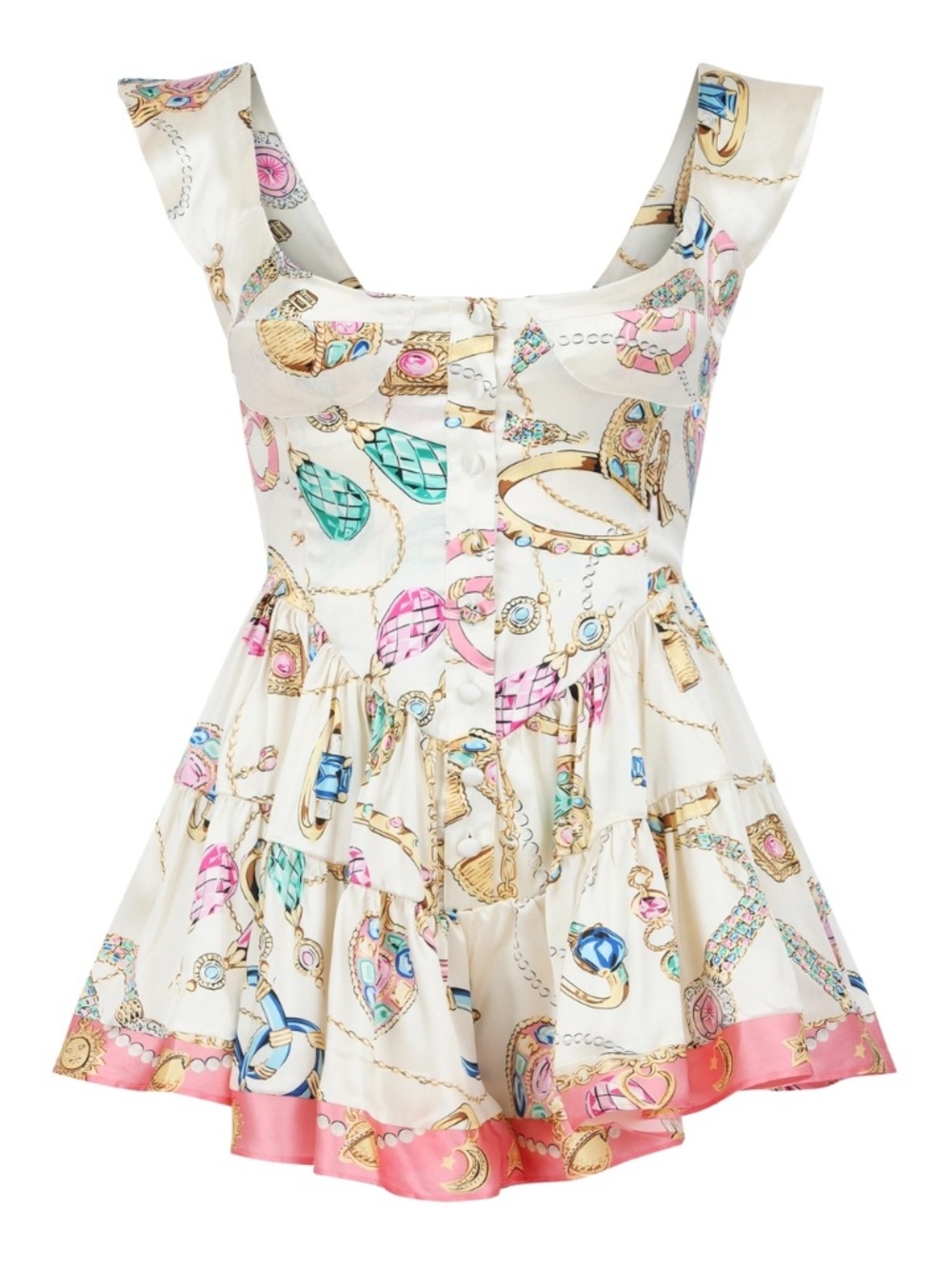 Vanessa Mooney Iconic Vintage Jewelry Scarf Print Elisabeth Romper Dress Pink